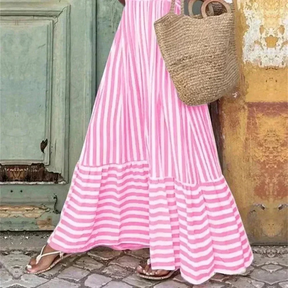 Pink Boho Women's Shoulder Strap Chest Gathered Striped Dress - Picture 2 of 5